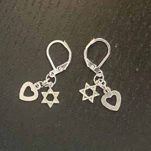 Sterling Silver Star of David & Heart Dangle Earrings, Modern Jewish Jewelry, Magen David Gift for Her, Mother’s Day Judaica, Jewish Jewelry