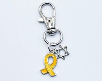 Symbolic Yellow Ribbon and Star of David Keychain and Key Clip for Hope and Unity, Bring Them Home, Bring The Hostages Home