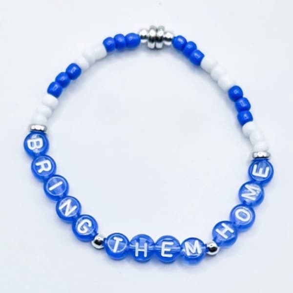 Bring Them Home Bracelets: Stand with Israel, Bring Home the Hostages, Never Again is Now, Blue and White Glass Beads, Resin Letter Beads