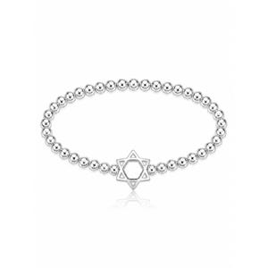 May include: A silver-toned beaded stretch bracelet featuring a central Star of David charm. The bracelet is composed of numerous small, uniform, polished spherical beads arranged in a continuous circular loop with the six-pointed star emblem.