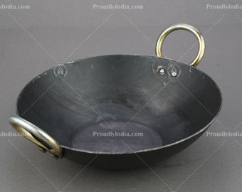 Iron Flat Bottom Bombay Kadai,traditional Iron Kadhai Deep Bottom Kadai,fry  Pan,frying Kadhai Handmade Loha Lokhand With Golden Handle, 