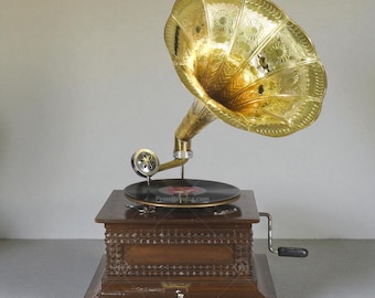 Vintage Brass Horn Gramophone | Working 78 RPM Record Player | Hand-Engraved Phonograph | Carved Wooden Base | Valentines Day Gift