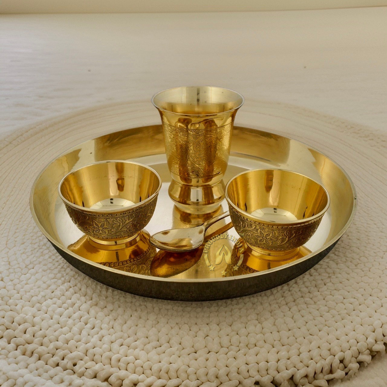 Brass Royal Dinnerware Set | Pure Brass Dinner Set with Etching work