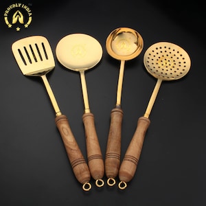 Serving spoon, Karandi,Set of 4 Brass Ladle, Brass Soup Ladle,Antique Spatula,Brass Ladle, Kitchen Spoon, Antique Cutlery, Buy Online Ladle