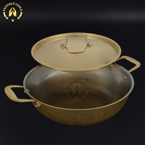 手作りの真鍮製カダイ中華鍋 - 蓋付きインド風揚げ鍋 - Etsy 日本
