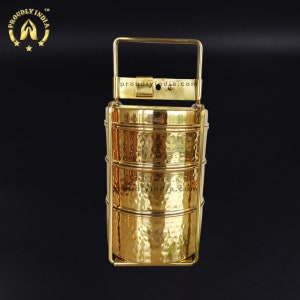 Vintage Brass 3-Tier Indian Tiffin Box - Hammered Kalai Work, Ideal Storage & Kids Lunch Solution