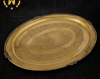 Bandeja de latón grabada de estilo antiguo hecha a mano, pequeña bandeja decorativa para té
