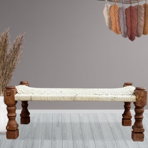 Authentic Indian  Charpai Khatiya:Handmade Daybed,Garden Bench,Indian Furniture,Rope Bed Excellence, FREE 3 X 5 Feet Jute Carpet