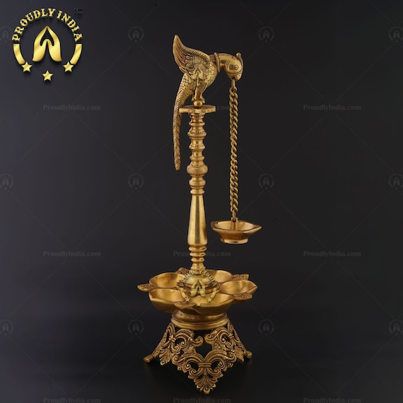 Brass Parrot Diya With Stand Diya Hanging From Mouth Oil Lamp With 5 Wick and Table Top Base Etsy