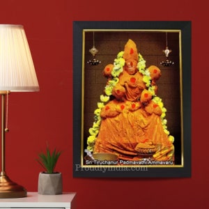 Puede incluir: Una impresi&oacute;n enmarcada de una deidad hind&uacute;, adornada con flores amarillas y c&uacute;rcuma, en un entorno de templo. La impresi&oacute;n presenta el texto "Sri Tiruchanoor Padmavathi Ammavaru" y "Proudlyindia.com".