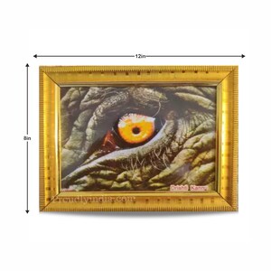 Puede incluir: Una impresi&oacute;n enmarcada de un primer plano de un ojo de elefante con un iris amarillo brillante. El marco es dorado y mide 30,5 cm por 20,3 cm. La impresi&oacute;n tiene el texto "Drishti Kanny" en la parte inferior.