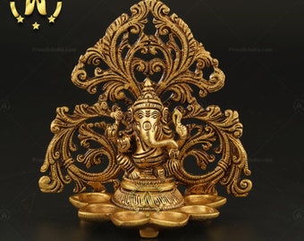 Enlighten your Diwali with Kerala Deepam - 5.1 Inch Wick Carving Ganesh Diya, Elegant Brass Aarti Diya,Kuthu Vilakku