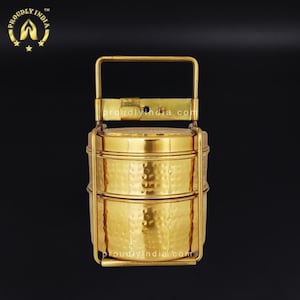 Vintage Brass Tiffin Box - Pure Hammered 2 Tier Indian Lunch Storage for Kids, Near Me