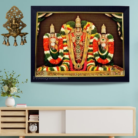 Lord Balaji,Lord Venkateswara & Goddess Lakshmi Religious Print In Wooden Frame