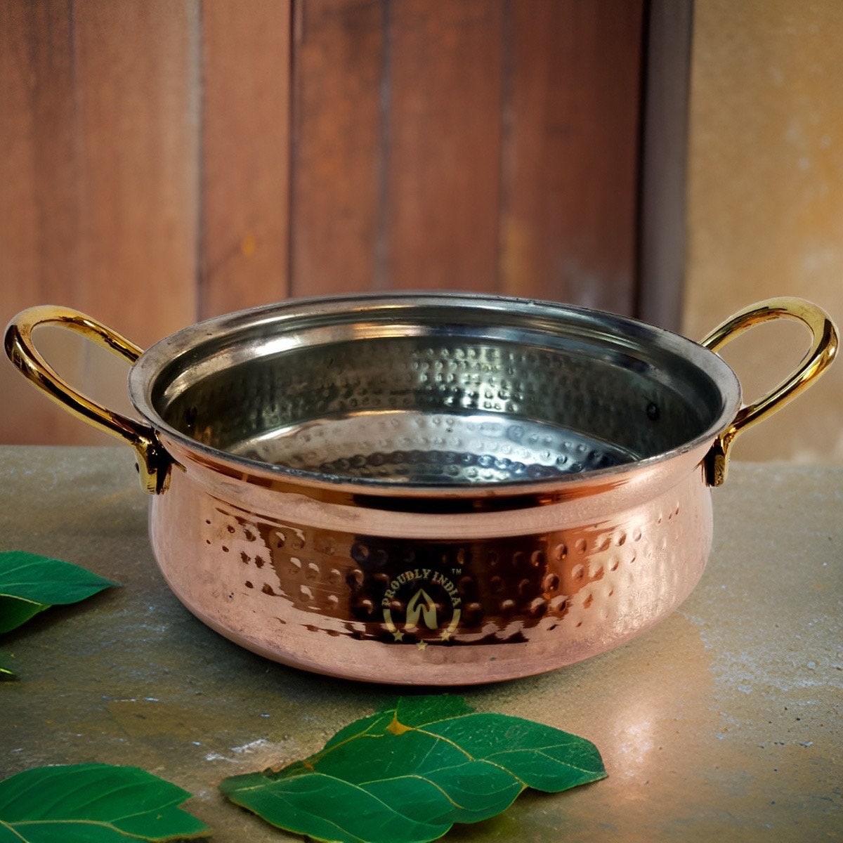 Indian Hammered Copper Hyderabadi Handi with Lid - Family Size