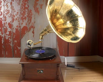 Valentines Day Gift,, HMV Gramophone Player, Phonograph, Old Music Sound Box, Antique Record Player, Vintage Decor, Music Lover Gifts