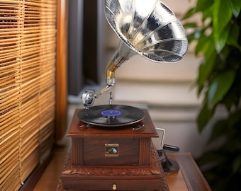 ヴィンテージ蓄音機：漏斗を内蔵したアンティークポータブルレコード