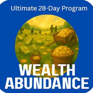 May include: A blue square graphic with the text "Ultimate 28-Day Program" at the top. The image inside the square depicts a field of money and gold coins, with a wooden cart and people in the background. The words "WEALTH ABUNDANCE" are at the bottom.
