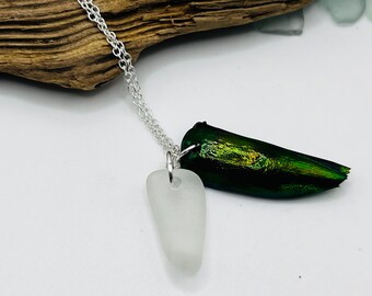 Sea Glass Necklace, Emerald Beetle Wing Pendant, Silver Plated Chain