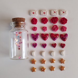 Love tokens in a glass bottle with love note