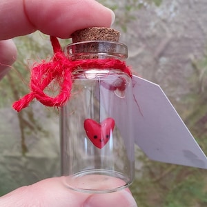 Captured Miniature heart in a glass bottle with love note