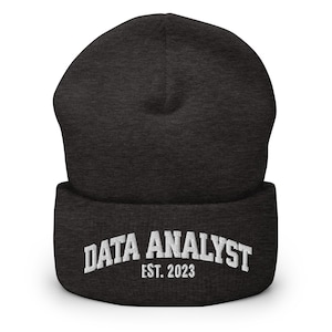 May include: A dark gray beanie with a white embroidered design that reads "DATA ANALYST EST. 2023".