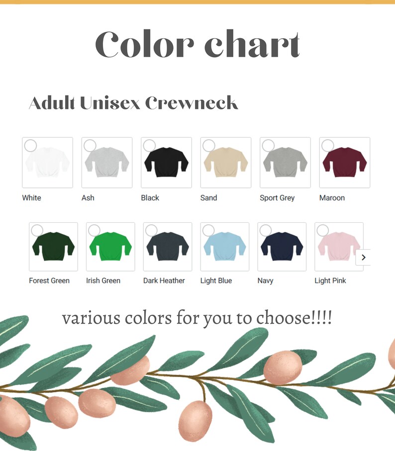 Peut inclure: Nuances de couleurs pour des sweat-shirts &agrave; col rond unisexes pour adultes. Les couleurs incluent le blanc, le gris cendr&eacute;, le noir, le sable, le gris sport, le marron, le vert for&ecirc;t, le vert irlandais, le gris fonc&eacute;, le bleu clair, le marine et le rose clair.