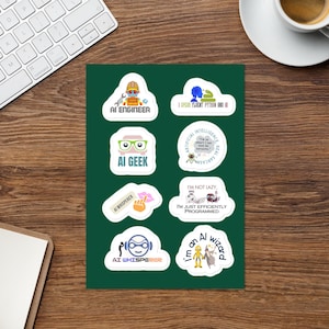 May include: A sheet of white-bordered stickers with various AI-themed designs. The stickers feature phrases like "AI Engineer," "AI Geek," and "I'm not lazy, I'm just efficiently programmed." The stickers are on a green background.