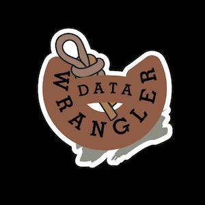 May include: A brown sticker with a white outline, featuring a stylized anchor with the word "DATA" in the centre and the word "WRANGLER" wrapped around the anchor. The anchor is a rope knot with a wooden crossbar.