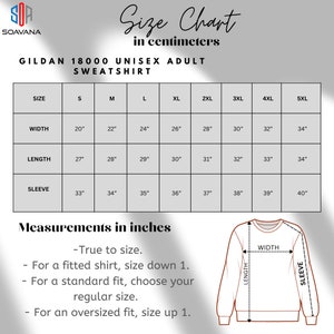 Peut inclure: Tableau des tailles pour sweat-shirts unisexes adultes Gildan 18000 en pouces et en centim&egrave;tres. Le tableau indique les mesures de largeur, de longueur et de longueur de manche pour les tailles S &agrave; 5XL.