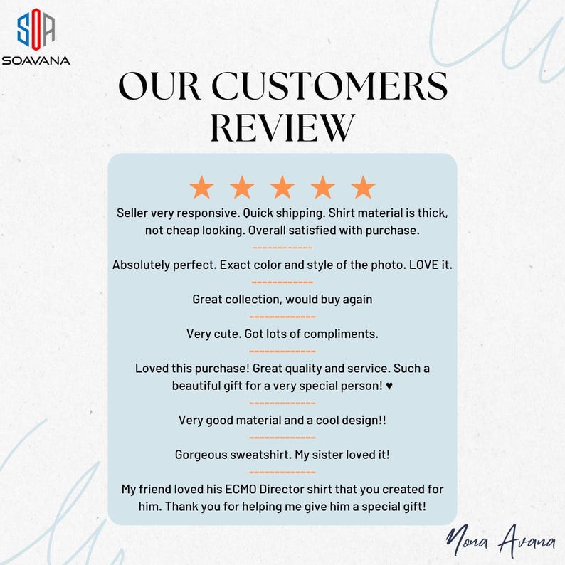 May include: Five-star customer reviews for a clothing shop. The reviews highlight the quality of the products, the responsiveness of the seller, and the overall satisfaction of the customers.