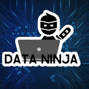 Puede incluir: Una ilustración estilizada de un ninja sosteniendo una espada y sentado frente a un portátil. El texto "DATA NINJA" está escrito en un cuadro blanco debajo de la imagen.