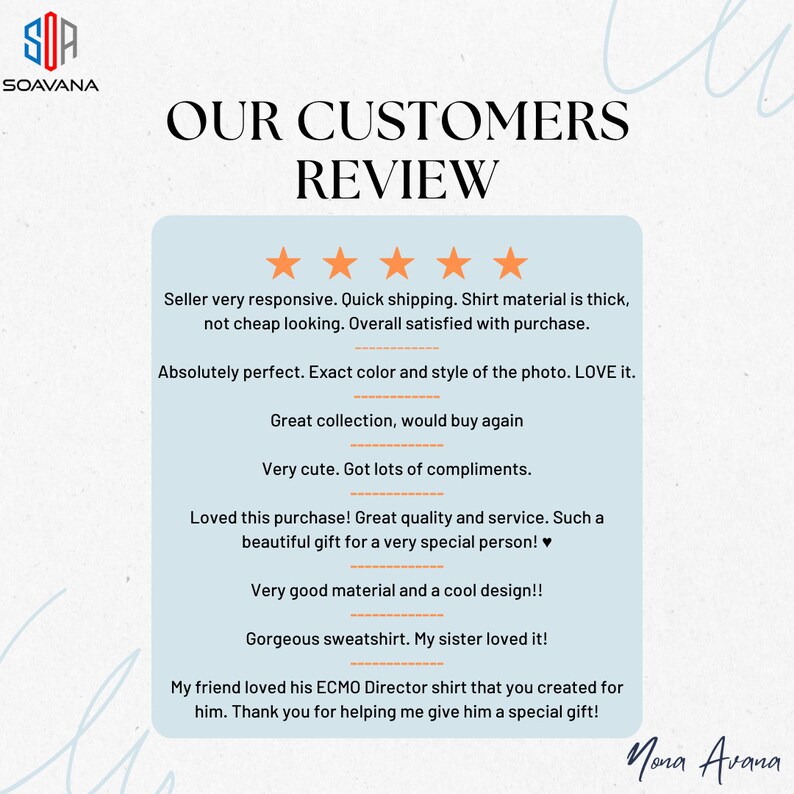 May include: Five-star customer reviews for a clothing shop. The reviews highlight the quality of the products, the responsiveness of the seller, and the overall satisfaction with the purchase. The reviews mention a sweatshirt, a shirt, and a gift.