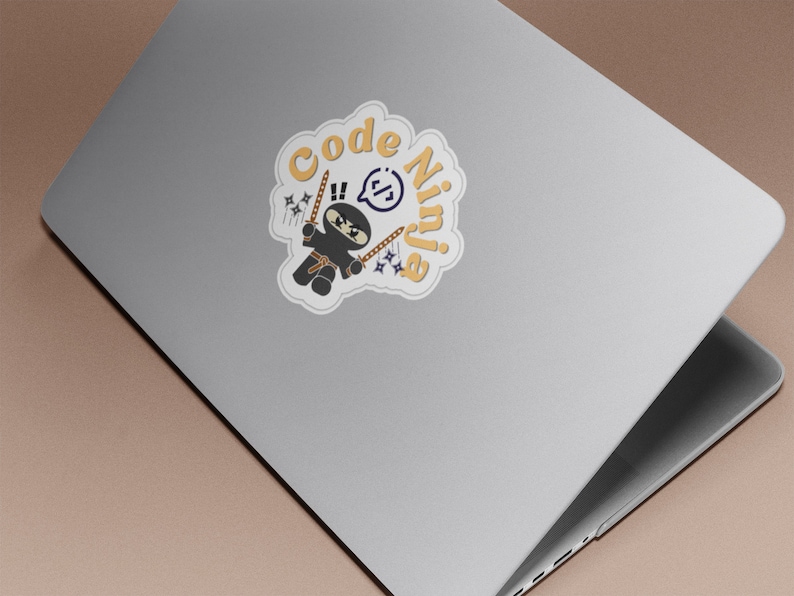 May include: A sticker featuring a cartoon ninja holding two swords and the text "Code Ninja" in a yellow cloud.