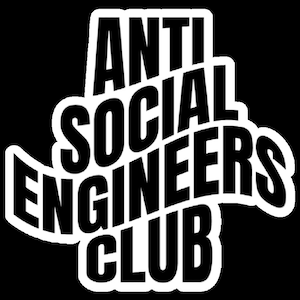 May include: Black and white logo with the text "ANTI SOCIAL ENGINEERS CLUB" in a stylised, curved font.
