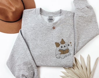 Embroidery Ghost Coquette Bow Reading Book Sweatshirt,Ghost Halloween Shirt,Cute Sweatshirt For Book Lover,Fall Spooky Season Autumn Tshirt