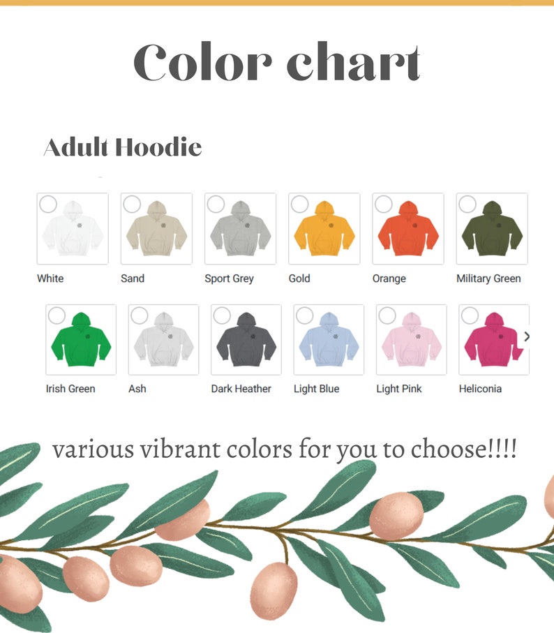Op de afbeelding: Kleurenkaart met verschillende hoodie-kleuren voor volwassenen. De kleuren omvatten wit, zand, sportgrijs, goud, oranje, legergroen, Iers groen, as, donkergrijs, lichtblauw, lichtroze en heliconia.