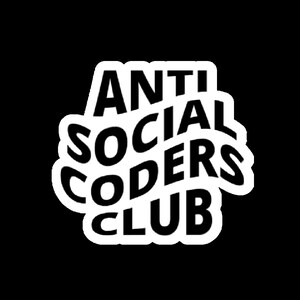 Puede incluir: Logotipo en blanco y negro con el texto "ANTI SOCIAL CODERS CLUB" en una fuente distorsionada y en capas.