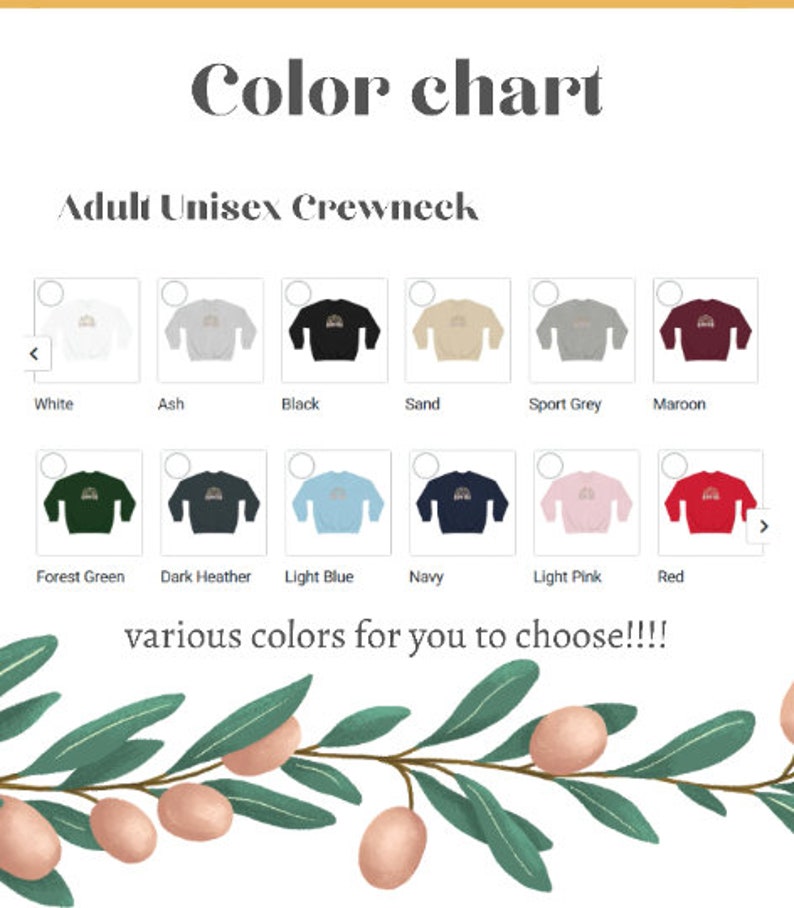May include: Colour chart displaying a range of adult unisex crewneck sweatshirts. The colours available are white, ash, black, sand, sport grey, maroon, forest green, dark heather, light blue, navy, light pink, and red.