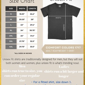 May include: Size chart for unisex t-shirts with measurements in inches for width and length. The chart shows sizes from S to 4XL. The chart also includes information about how unisex t-shirts fit, noting that they run true to size for men and a bit larger for women.  "COMFORT COLORS 1717 ADULT HEAVYWEIGHT T-SHIRT" is printed at the bottom of the chart.