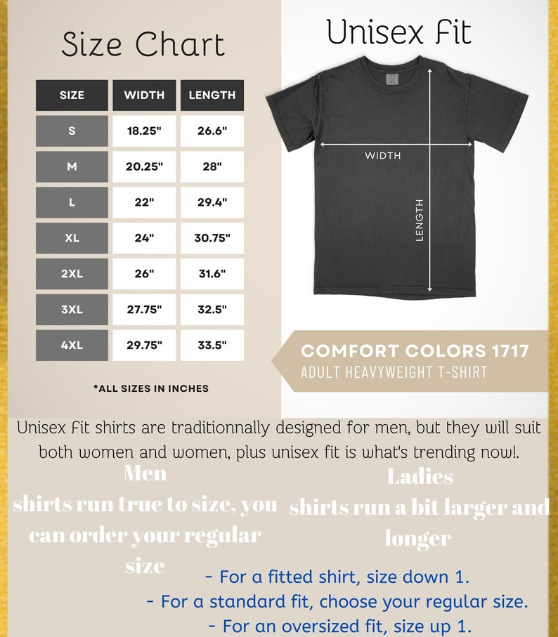 May include: Size chart for unisex t-shirts with measurements in inches for width and length. The chart shows sizes from S to 4XL. The chart also includes information about how unisex t-shirts fit, noting that they run true to size for men and a bit larger for women.  "COMFORT COLORS 1717 ADULT HEAVYWEIGHT T-SHIRT" is printed at the bottom of the chart.