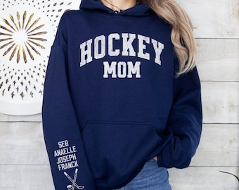 Custom Hockey Mom Hoodie Sweatshirt Kids Name On Sleeve,Gift For Hockey Mom Shirts,Personalized Hockey Hoodie for Mom,Sport Mom Mother's Day