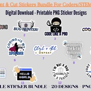 Afdrukbaar ontwikkelaar computerprogrammeur stickerpakket png, digitale software-ingenieur stickerbundel geek stickerset, meisjescoder stickers, fift