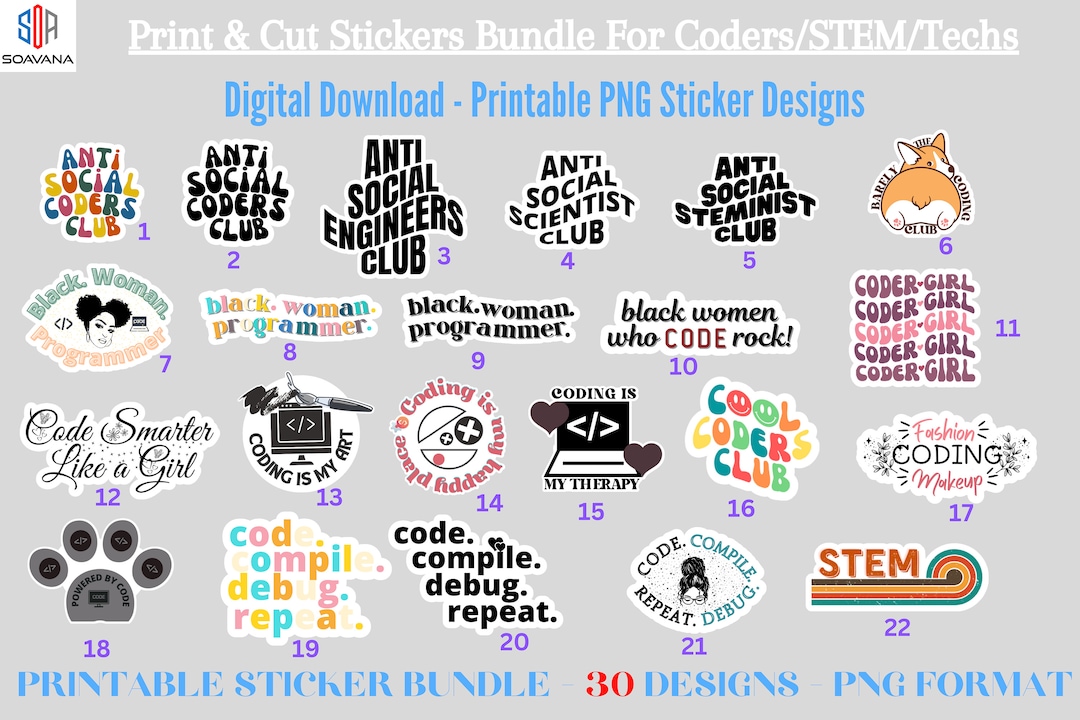 Printable Computer Programmer Stickers Pack PNG, Digital Coding Sticker ...