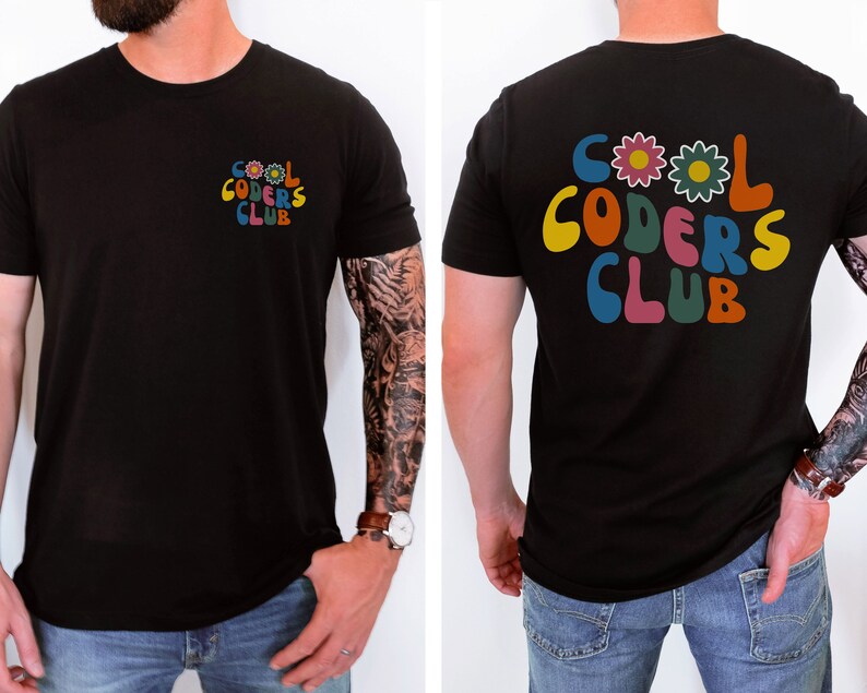 May include: Black t-shirt with a retro-style graphic on the front and back that says "Cool Coders Club" in colourful letters with flowers.