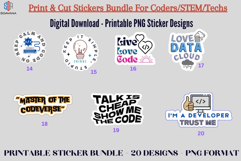 Pode incluir: Um conjunto de 20 adesivos imprim&iacute;veis para codificadores e profissionais STEM. Os adesivos apresentam v&aacute;rios designs com texto como "Keep Calm and Code On", "Live Love Code", "Love Data Cloud", "Master of the Codeverse" e "Talk is Cheap Show Me the Code".