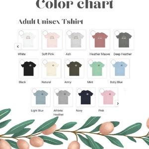 May include: Colour chart for adult unisex t-shirts. The chart shows 12 different colours, including white, soft pink, ash, heather mauve, deep heather, black, natural, army, mint, baby blue, light blue, athletic heather, navy, and pink.