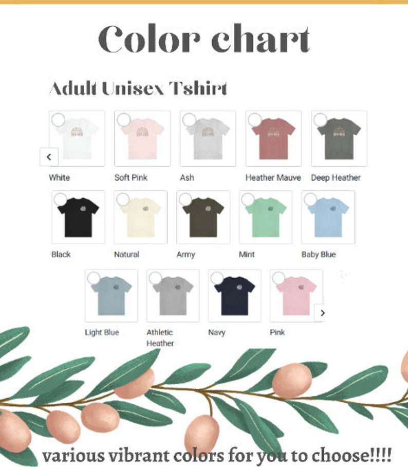 May include: Colour chart for adult unisex t-shirts. The chart shows 12 different colours, including white, soft pink, ash, heather mauve, deep heather, black, natural, army, mint, baby blue, light blue, athletic heather, navy, and pink.