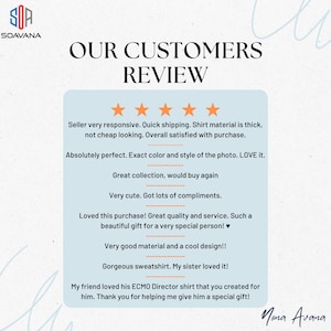 May include: Five-star customer reviews for a clothing shop. The reviews highlight the quality of the products, the responsiveness of the seller, and the overall satisfaction with the purchase. The reviews mention a sweatshirt, a shirt, and a gift.