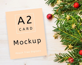 A2 Christmas Card Mockup: Canva Template with Pine Boughs